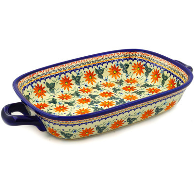 Polish Pottery Rectangular Baker with Handles 18&quot; Mexican Flame UNIKAT