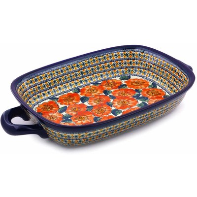 Polish Pottery Rectangular Baker with Handles 18&quot; Peach Poppies UNIKAT