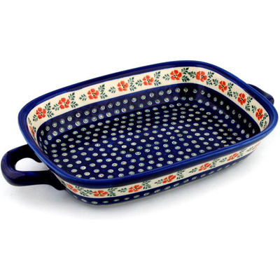 Polish Pottery Rectangular Baker with Handles 18&quot; Poinsetia Peacock