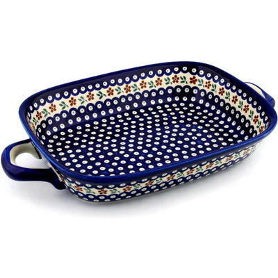 Polish Pottery Rectangular Baker with Handles 18&quot; Red Daisy Peacock