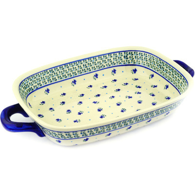 Polish Pottery Rectangular Baker with Handles 18&quot; Violet Tulips