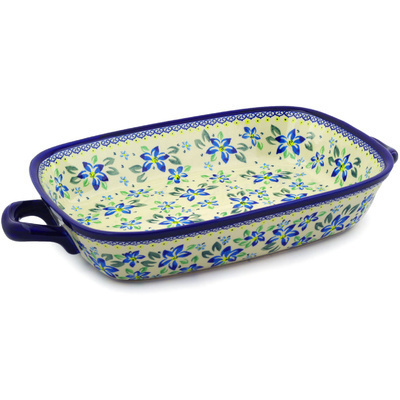 Polish Pottery Rectangular Baker with Handles 19&quot; Blue Clematis