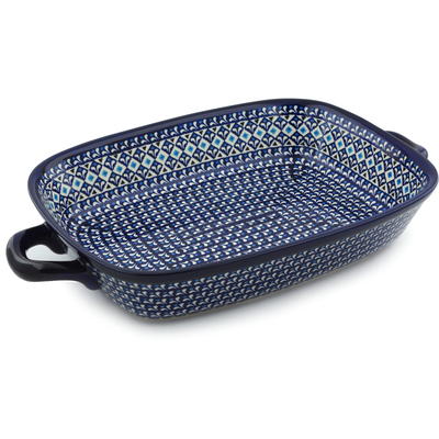 Polish Pottery Rectangular Baker with Handles 19" Blue Diamond Dream