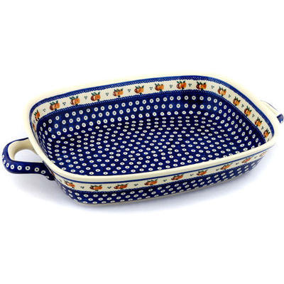 Polish Pottery Rectangular Baker with Handles 19&quot; Country Apple Peacock