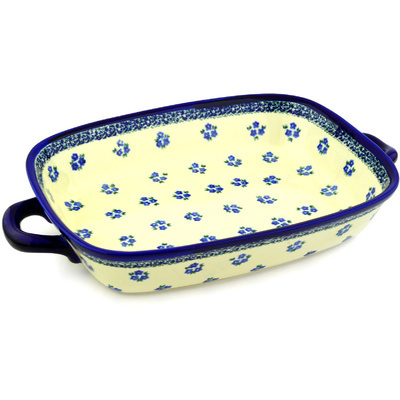 Polish Pottery Rectangular Baker with Handles 19&quot; Forget Me Not Dots