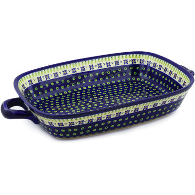 Polish Pottery Rectangular Baker with Handles 19&quot; Green Gingham Peacock