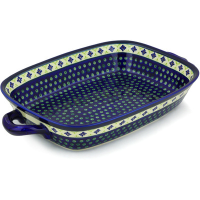 Polish Pottery Rectangular Baker with Handles 19&quot; Green Gingham Peacock