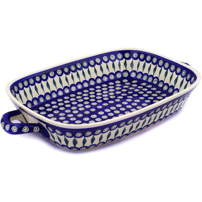 Polish Pottery Rectangular Baker with Handles 19&quot; Peacock Leaves