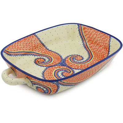 Polish Pottery Rectangular Baker with Handles 19&quot; Spiral Joy UNIKAT