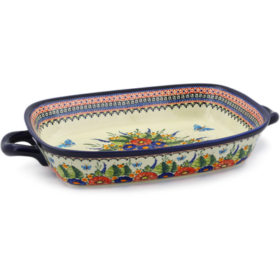 Polish Pottery Rectangular Baker with Handles 19&quot; Spring Splendor UNIKAT