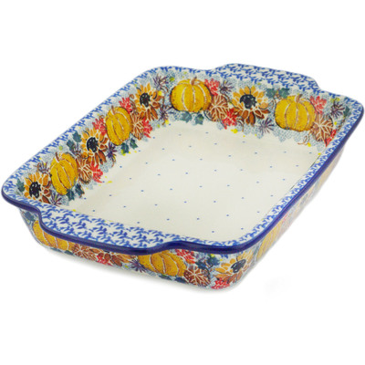 Polish Pottery Rectangular Baker with Handles 9&frac12;-inch Autumn Falling Leaves UNIKAT
