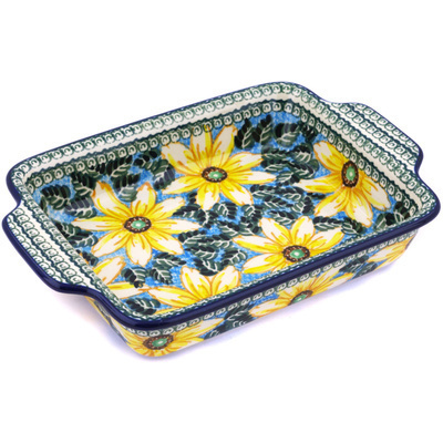 Polish Pottery Rectangular Baker with Handles 9&frac12;-inch Black Eyed Susan UNIKAT