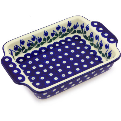Polish Pottery Rectangular Baker with Handles 9" Bleeding Heart Peacock