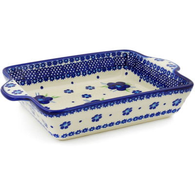 Polish Pottery Rectangular Baker with Handles 9&quot; Bleu-belle Fleur