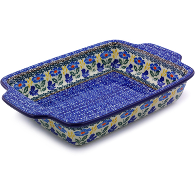 Polish Pottery Rectangular Baker with Handles 9&frac12;-inch Blue Forget-me-nots