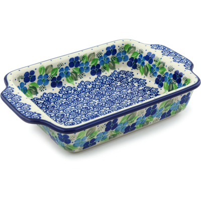 Polish Pottery Rectangular Baker with Handles 9" Blue Phlox