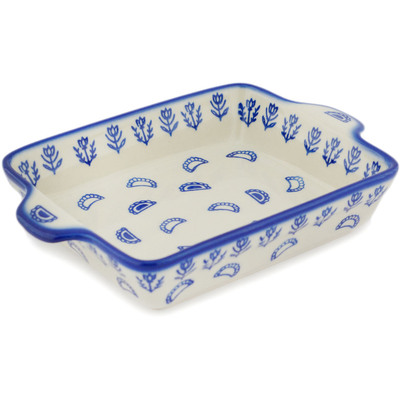 Polish Pottery Rectangular Baker with Handles 9" Blue Pierogi