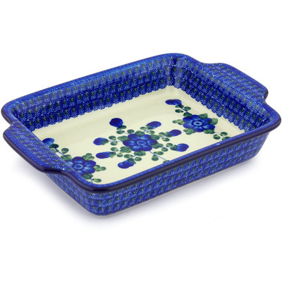 Polish Pottery Rectangular Baker with Handles 9&frac12;-inch Blue Poppies