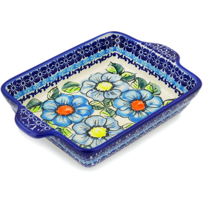 Polish Pottery Rectangular Baker with Handles 9&quot; Bold Blue Poppies UNIKAT