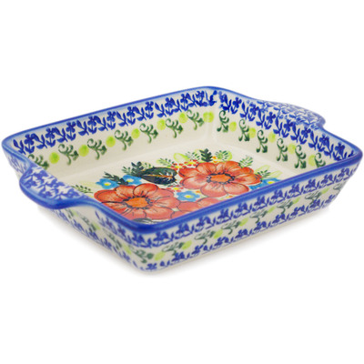 Polish Pottery Rectangular Baker with Handles 9" Bold Red Poppies UNIKAT