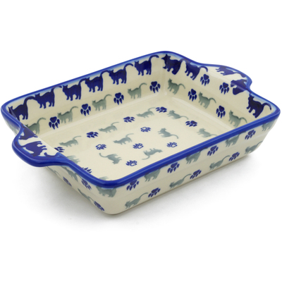 Polish Pottery Rectangular Baker with Handles 9&quot; Boo Boo Kitty Paws