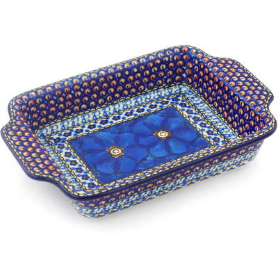 Polish Pottery Rectangular Baker with Handles 9&quot; Cobalt Poppies UNIKAT