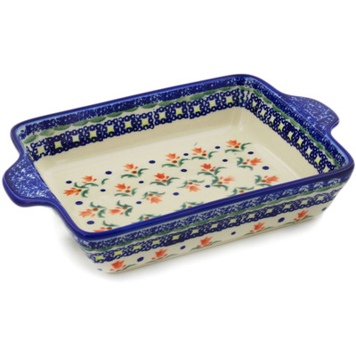 Polish Pottery Rectangular Baker with Handles 9&quot; Cocentric Tulips