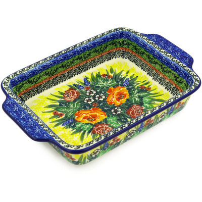 Polish Pottery Rectangular Baker with Handles 9&quot; Copper Rose Meadow UNIKAT