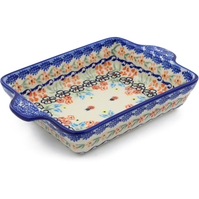 Polish Pottery Rectangular Baker with Handles 9" Fanciful Ladybug