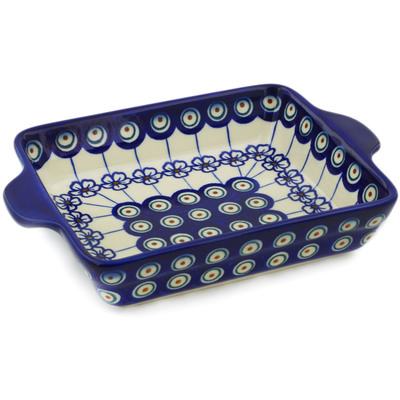 Polish Pottery Rectangular Baker with Handles 9&quot; Flowering Peacock