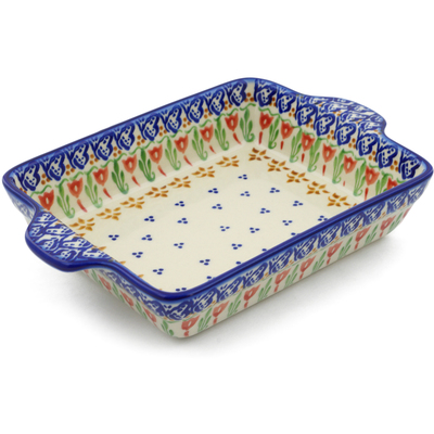 Polish Pottery Rectangular Baker with Handles 9&quot; Fluttering Tulips