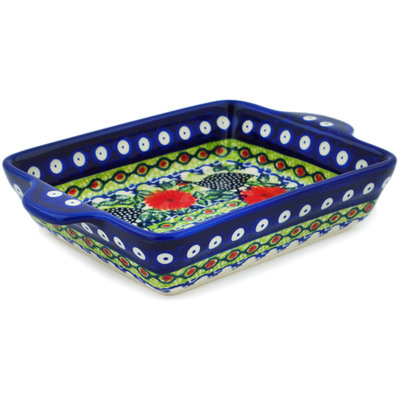 Polish Pottery Rectangular Baker with Handles 9&quot; Fowl In The Florals UNIKAT