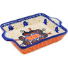 Polish Pottery Rectangular Baker with Handles 9&quot; Jack-o-lantern Fun