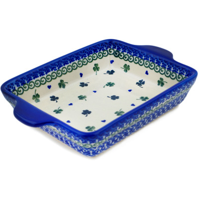 Polish Pottery Rectangular Baker with Handles 9" Lucky Clovers