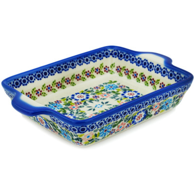 Polish Pottery Rectangular Baker with Handles 9&quot; Playground Meadow UNIKAT