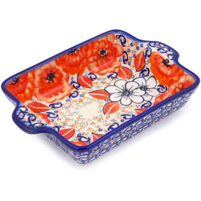 Polish Pottery Rectangular Baker with Handles 9&quot; Poppy Passion