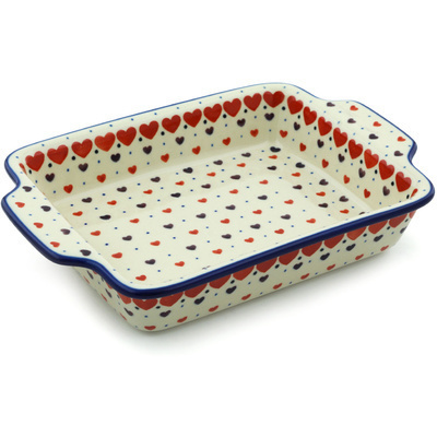 Polish Pottery Rectangular Baker with Handles 9&frac12;-inch Red Hearts Delight