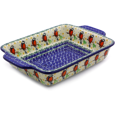 Polish Pottery Rectangular Baker with Handles 9&frac12;-inch Redbird On A Wire