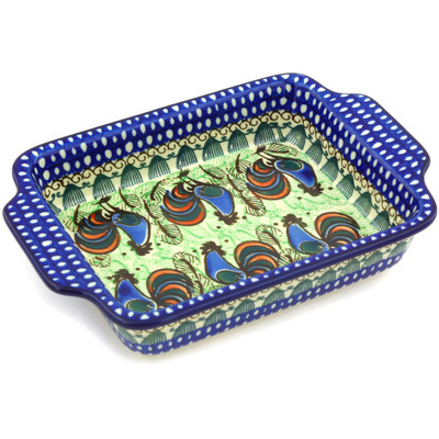 Polish Pottery Rectangular Baker with Handles 9&quot; Rooster Row UNIKAT