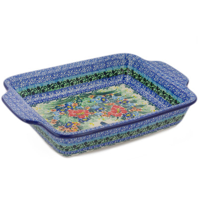 Polish Pottery Rectangular Baker with Handles 9&frac12;-inch Spring Floral Garland UNIKAT
