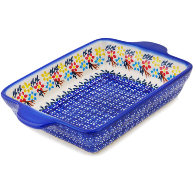 Polish Pottery Rectangular Baker with Handles 9" Spring Flower Ring