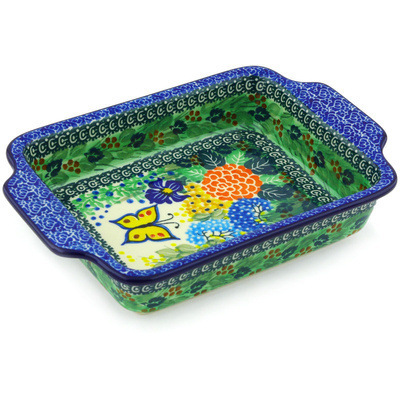 Polish Pottery Rectangular Baker with Handles 9&quot; Spring Garden UNIKAT