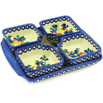 Polish Pottery Relish Server Set with Tray 10&quot; Lace Collar UNIKAT