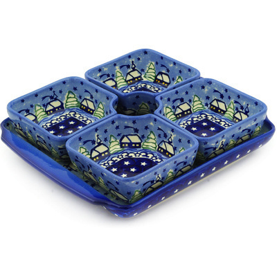 Polish Pottery Relish Server Set with Tray 10&quot; Village Stars UNIKAT