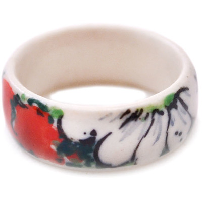 Polish Pottery Ring 1&quot; Sweet Red Petals UNIKAT