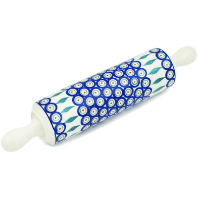 Polish Pottery Rolling Pin 13&quot; Peacock Leaves