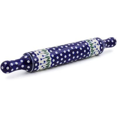 Polish Pottery Rolling Pin 18&quot; Blue Tulip Peacock