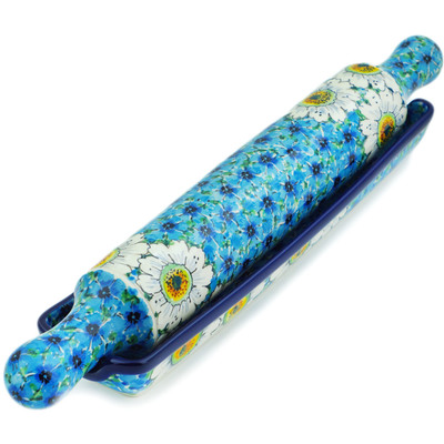 Polish Pottery Rolling Pin and Cradle Set Pansies And Daisies UNIKAT