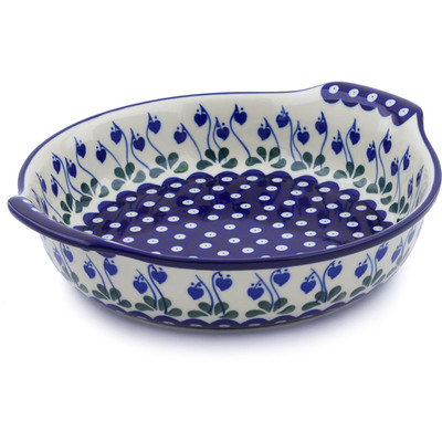 Polish Pottery Round Baker with Handles 10-inch Bleeding Heart Peacock