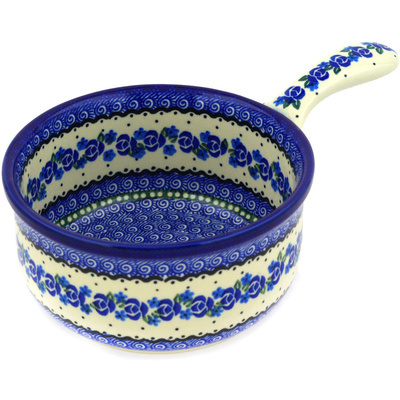 Polish Pottery Round Baker with Handles 10&quot; Blue Bud Sea